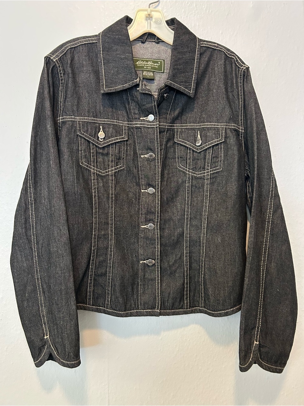 Eddie Bauer Black Denim Jacket with White Stitching - Picture 1 of 11